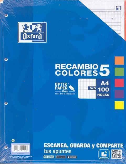 RECANVI OXFORD 5 COLORS BANDA A4 100F 90GR 5X5 | 8412771015169 | OXFORD